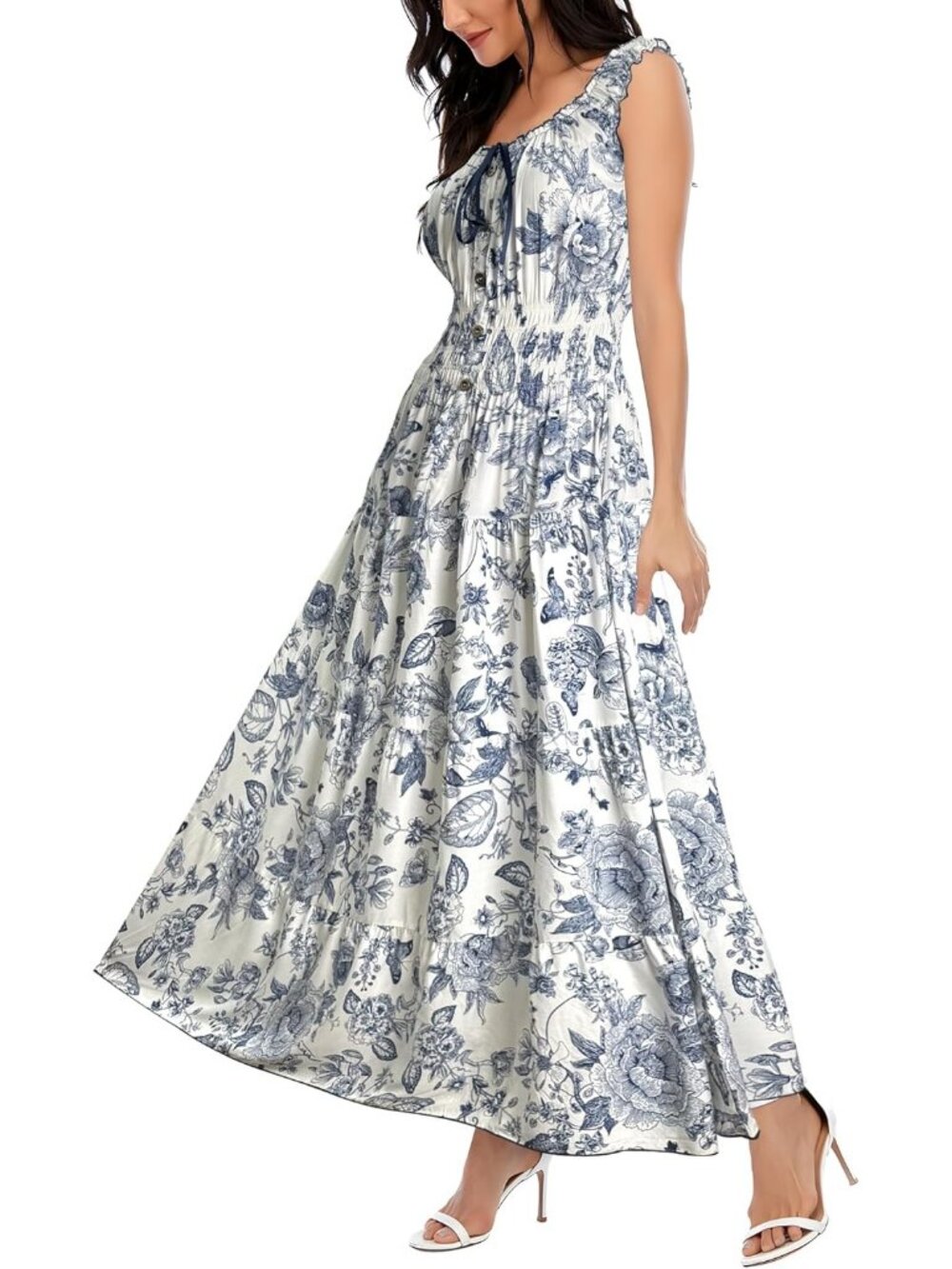 Women's Apricot Navy Blue Flower Boho Floral Maxi Summer Flowy Tiered Long Dress